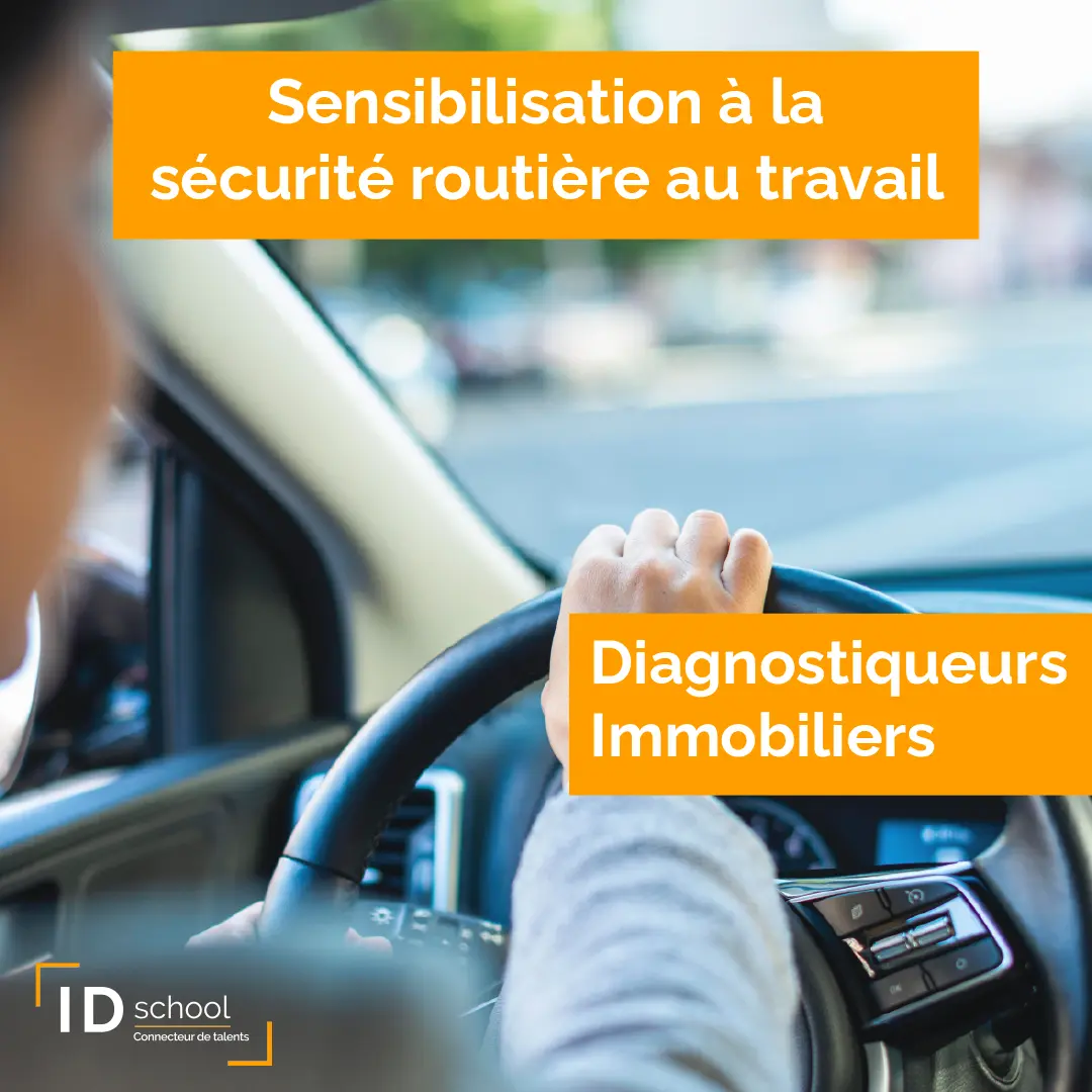 Alternante dans sa voiture vue de dos, avec le message sensibilisation à la sécurité routière au travail